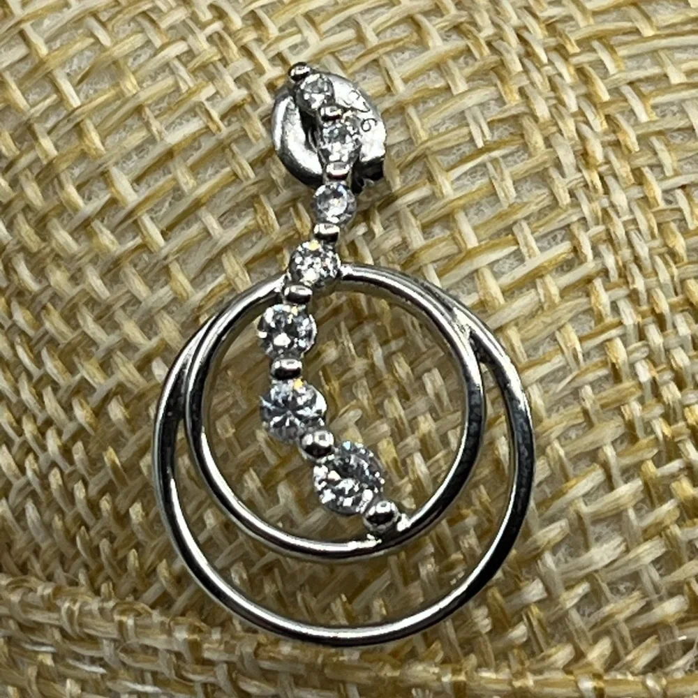 Vintage Sterling Silver Double Hoop Earrings with CZ Accents, Rhodium Plated